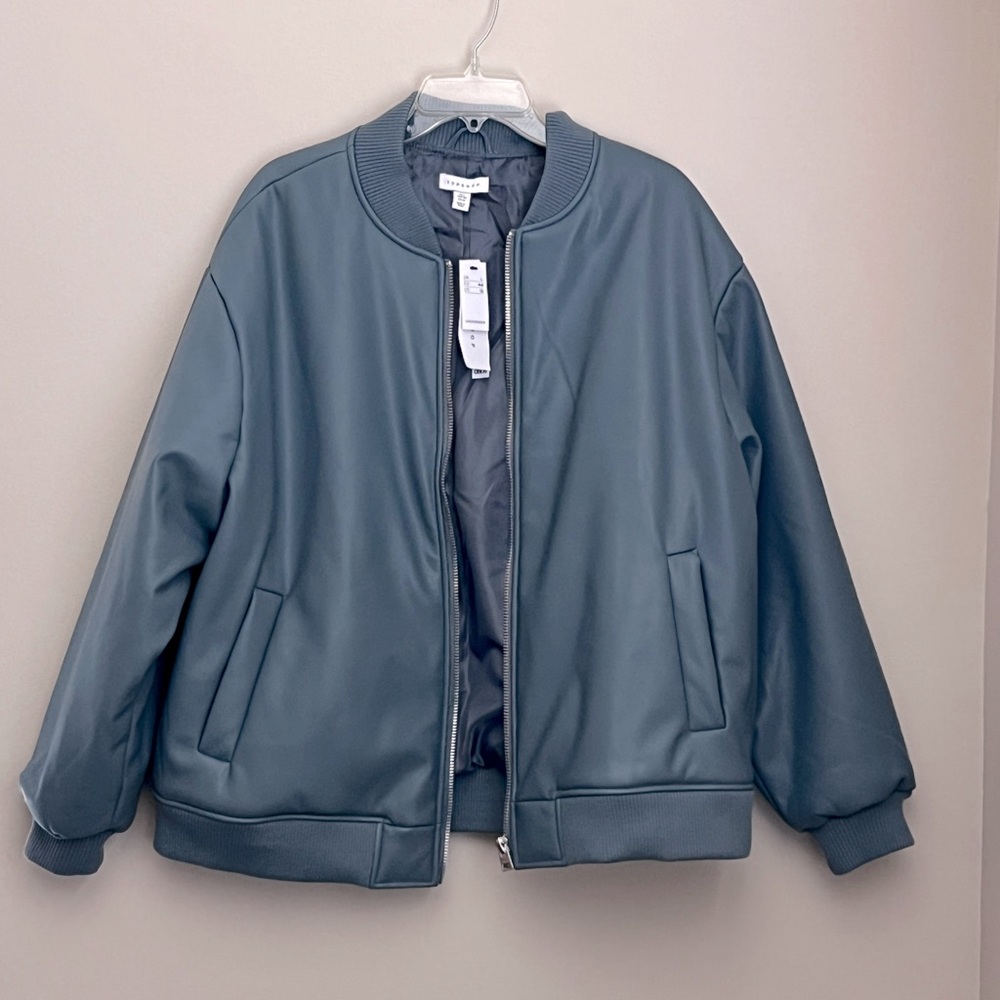 Topshop Blue Faux Leather Bomber Jacket Large